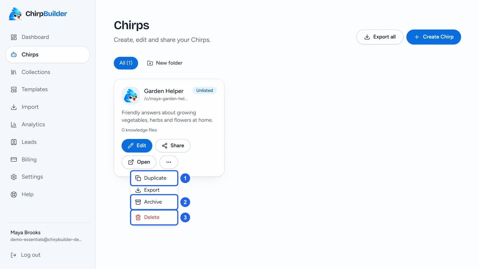 The Chirps page with Garden Helper's ••• menu open: Duplicate, Export, Move to folder, Archive and Delete.