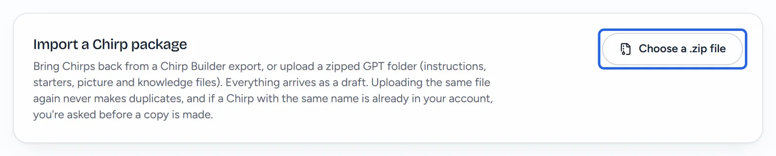 The Import a Chirp package section on the Import page, with the Choose a .zip file button.