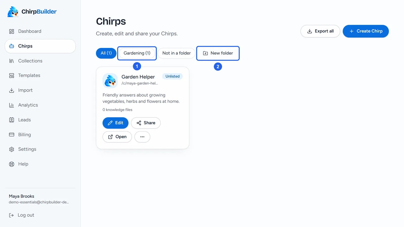 The Chirps page with the folder Gardening (1) next to All (1) and Not in a folder, and the New folder button.