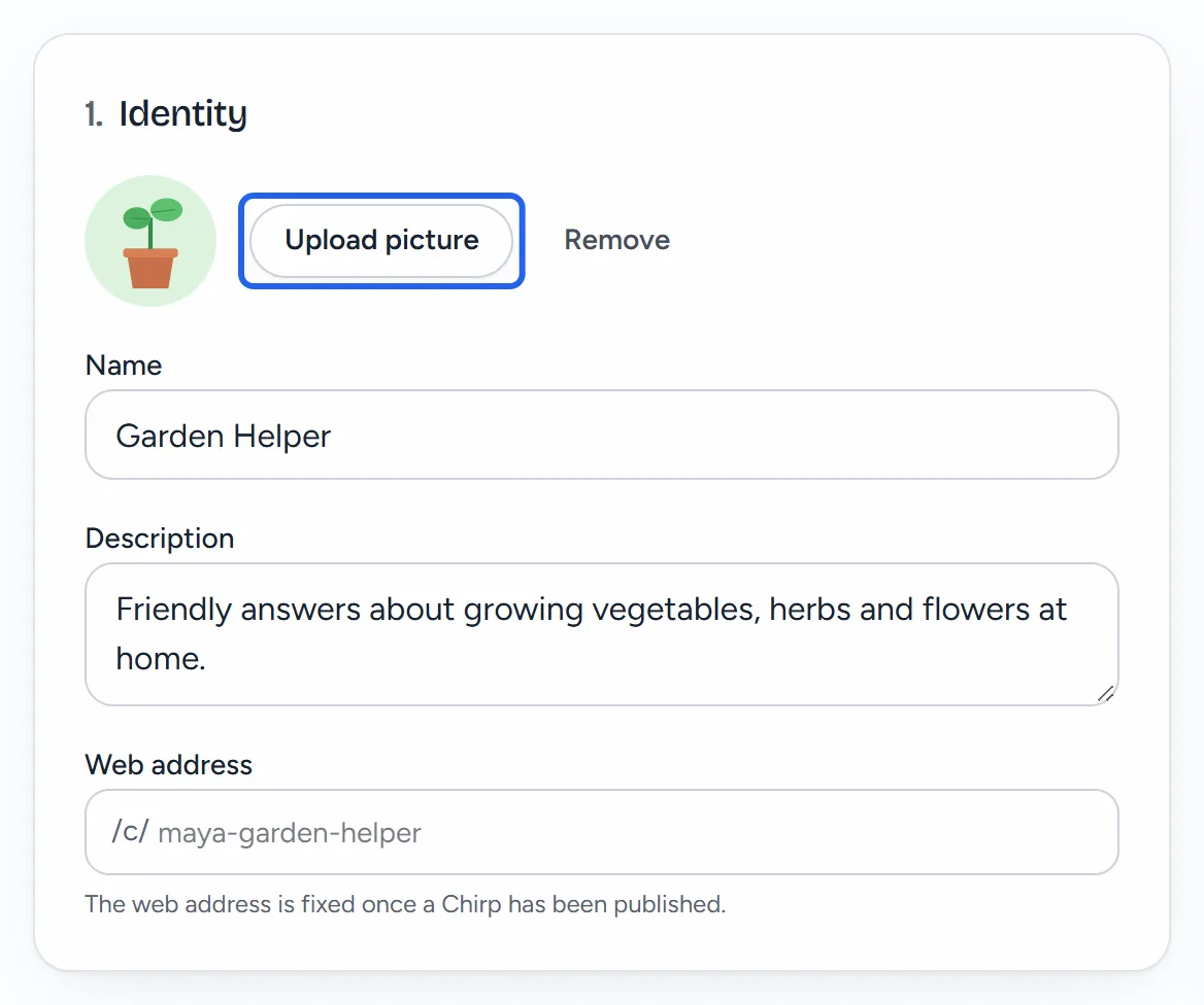 The Identity section with a new picture of a seedling in a pot, the Upload picture and Remove buttons, and the name, description and web address.