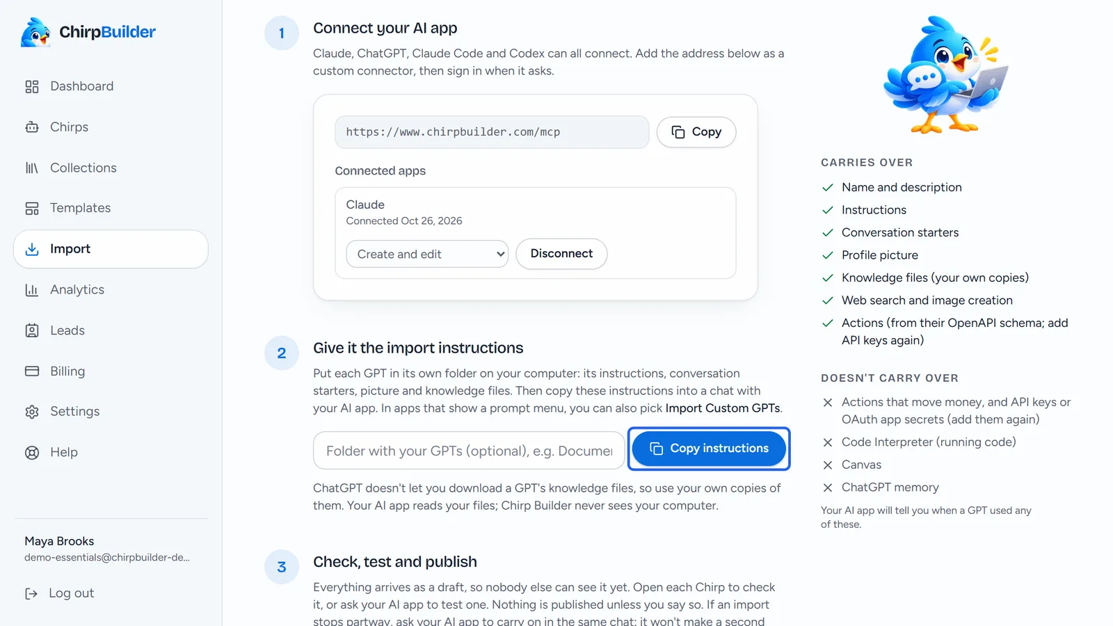 The Import page at step 2, Give it the import instructions, with the folder box and the Copy instructions button, and the Carries over list beside it.