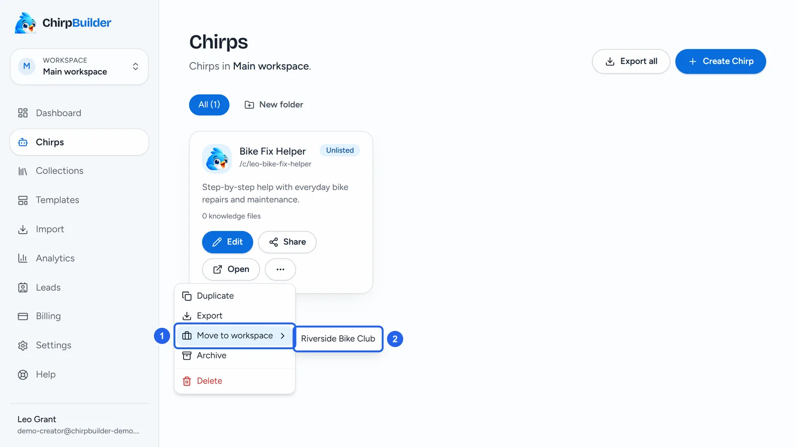 Leo's Chirps page with the More actions menu of Bike Fix Helper open: Move to workspace (1) and the workspace Riverside Bike Club (2).