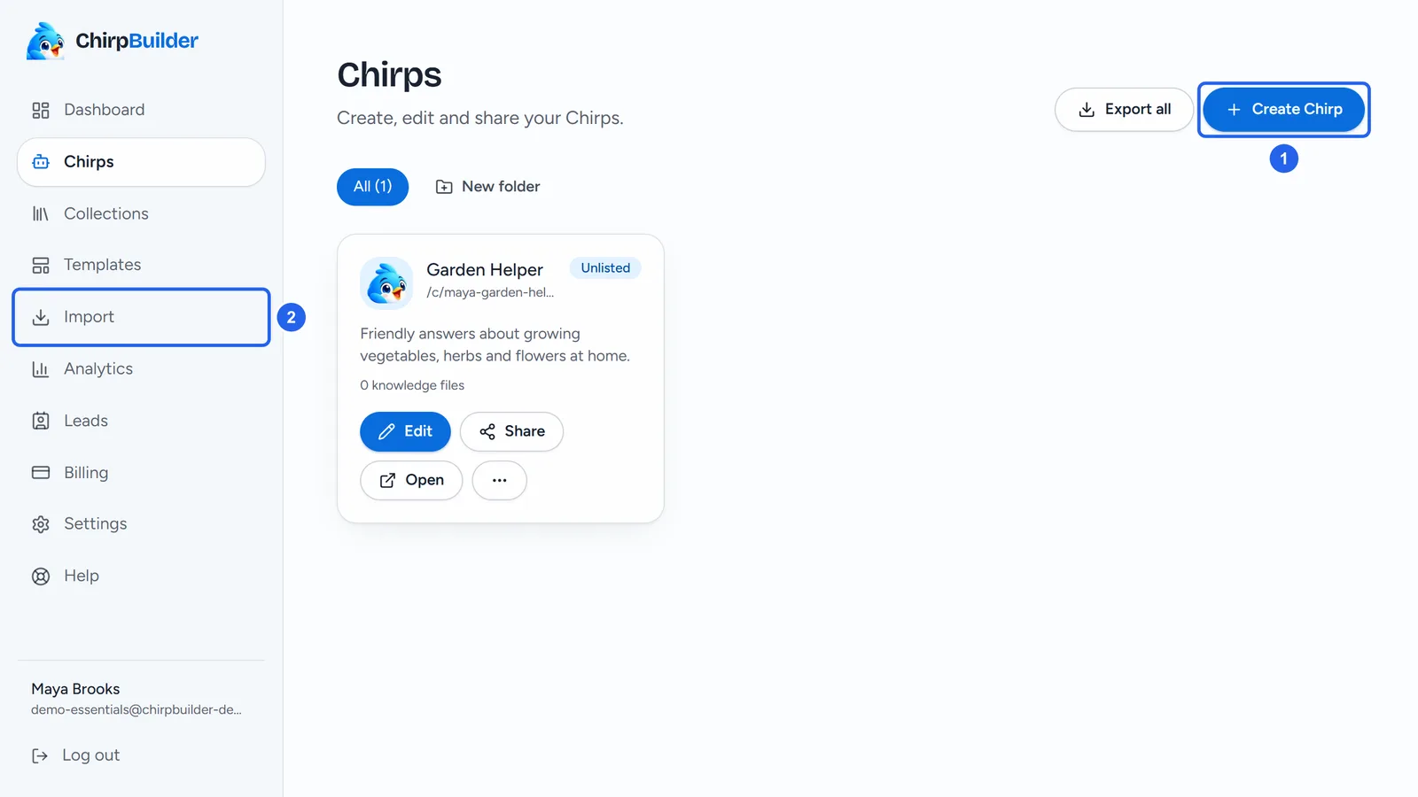 The Chirps page with the Create Chirp button outlined, and Import outlined in the menu on the left.