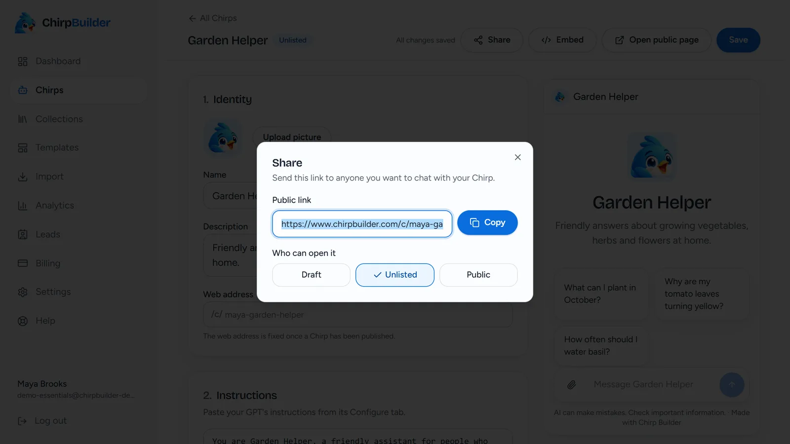 The Share window: the Chirp's public link with a Copy button, and Who can open it with Draft, Unlisted and Public.
