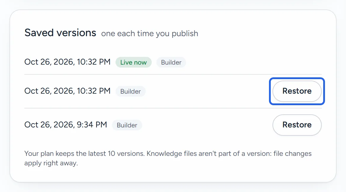 The Saved versions section open: three versions with their dates, Live now on the newest, Builder tags, and a Restore button on the older ones.