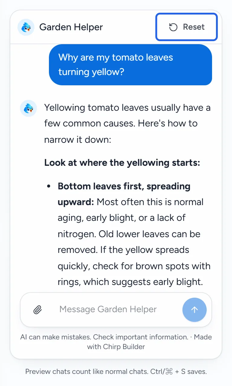 The preview beside the editor: the question "Why are my tomato leaves turning yellow?", Garden Helper's answer, and the Reset button at the top.