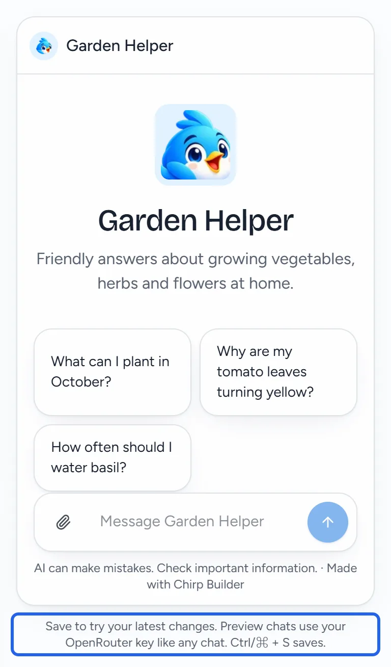 The preview with the note under it: Save to try your latest changes. Preview chats count like normal chats.