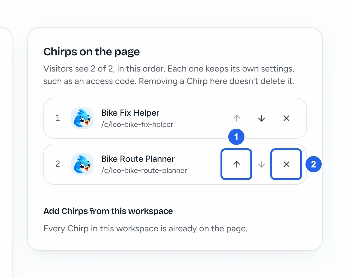 Chirps on the page: Bike Fix Helper and Bike Route Planner in order, with the buttons to move a Chirp up (1) or take it off the page (2), and the list of other Chirps to add.