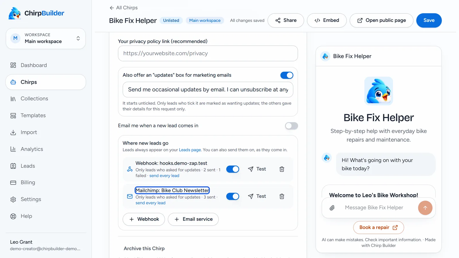 Where new leads go in Bike Fix Helper's lead form: a webhook and, outlined, Mailchimp's Bike Club Newsletter list, each with what it receives and how many were sent.
