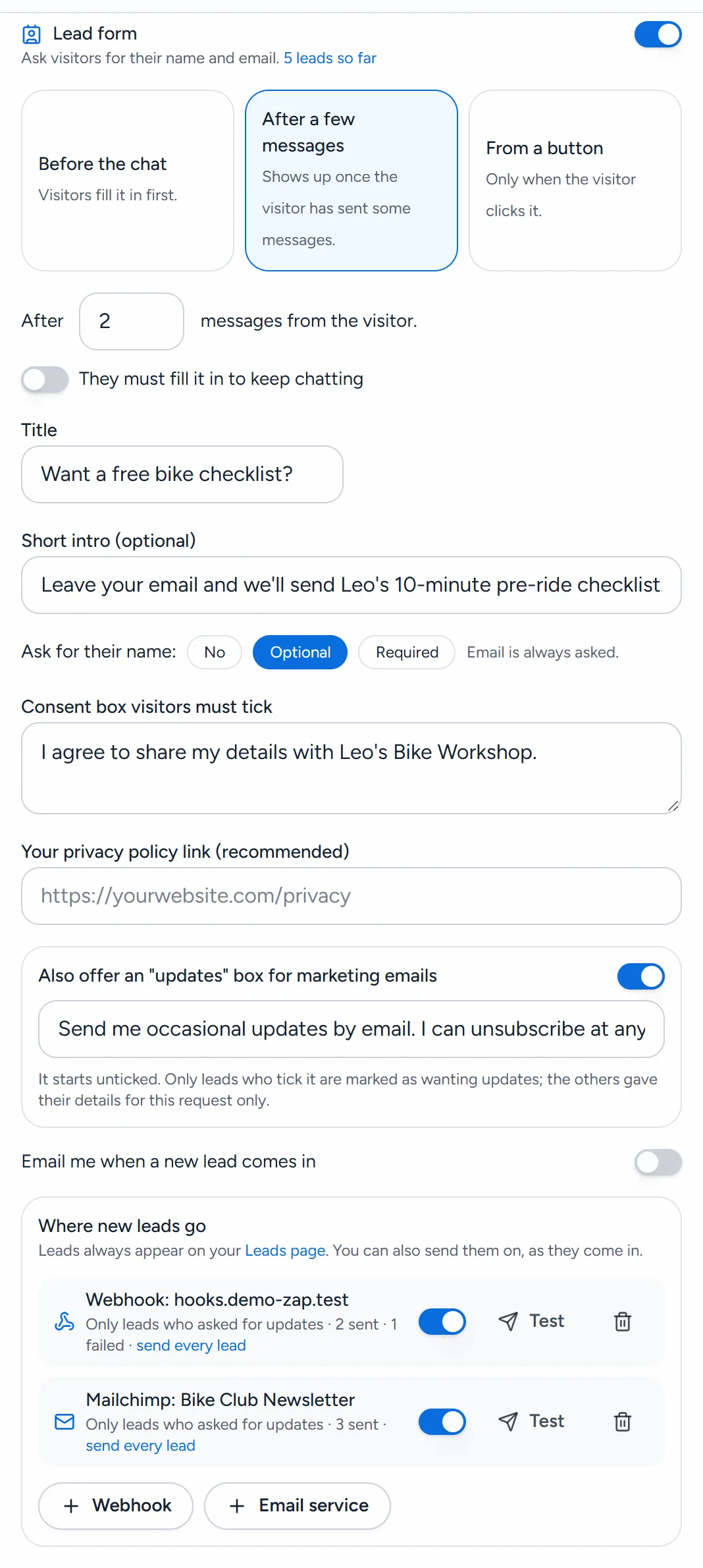 The Lead form settings of Bike Fix Helper: switched on, shown After a few messages (after 2), with its title, intro, name optional, consent text, the updates box offered, and Where new leads go.
