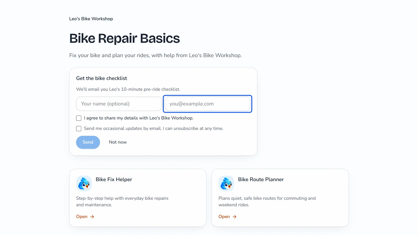 The Bike Repair Basics page after clicking Get the bike checklist: a small form with Your name (optional), the email box outlined, the consent box, the updates box, and Send.