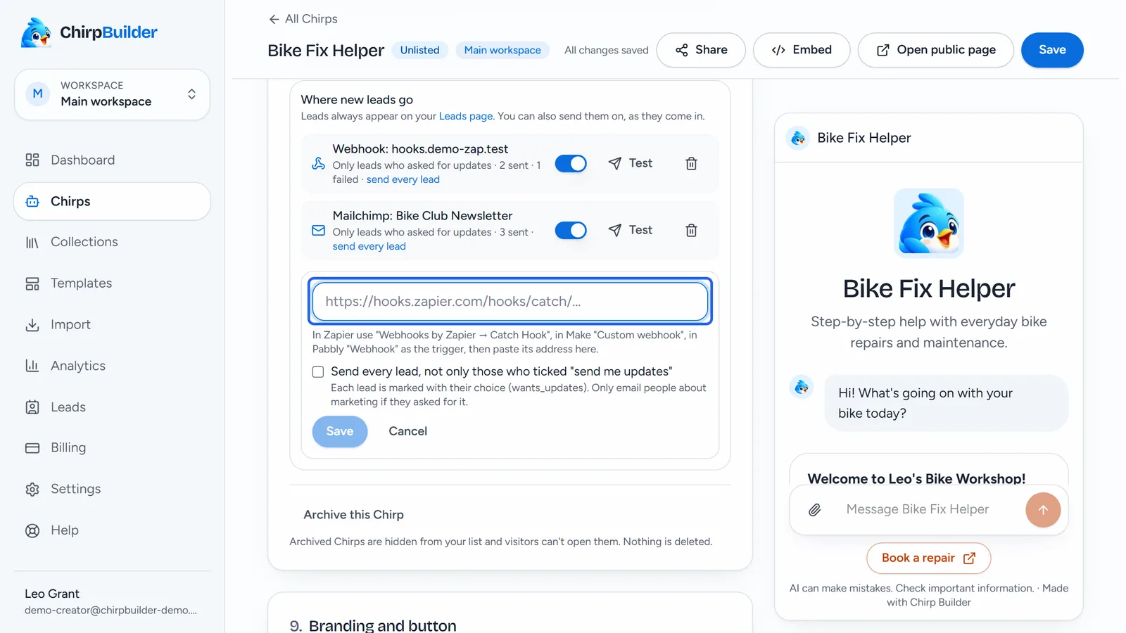 Where new leads go with the webhook box opened, outlined, and the note on where to find the address in Zapier, Make and Pabbly.