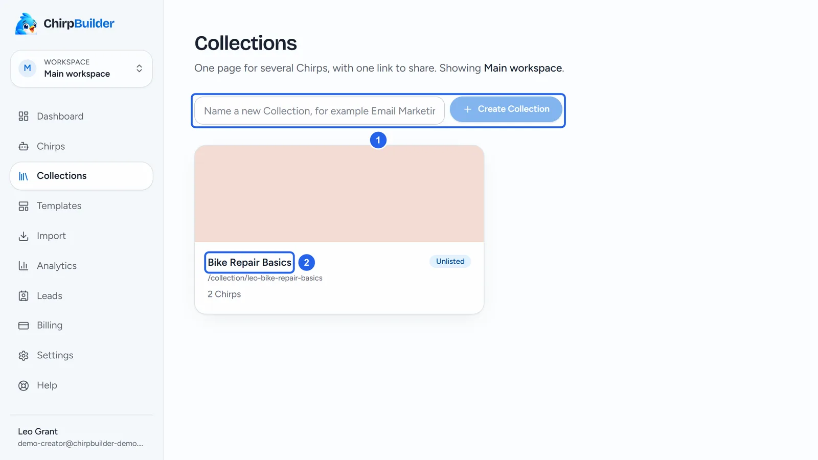The Collections page: the box to name a new Collection with Create Collection (1), and the card of Bike Repair Basics, Unlisted, with 2 Chirps (2).