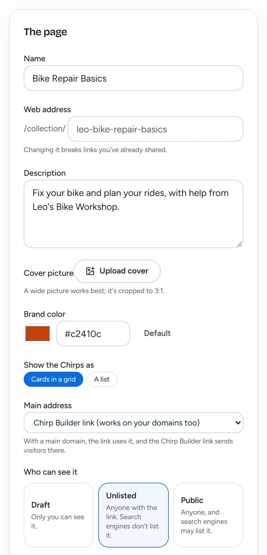 The Page section of Bike Repair Basics: Name, Web address /collection/leo-bike-repair-basics, Description, Cover picture, Brand color, Show the Chirps as, and Who can see it set to Unlisted.