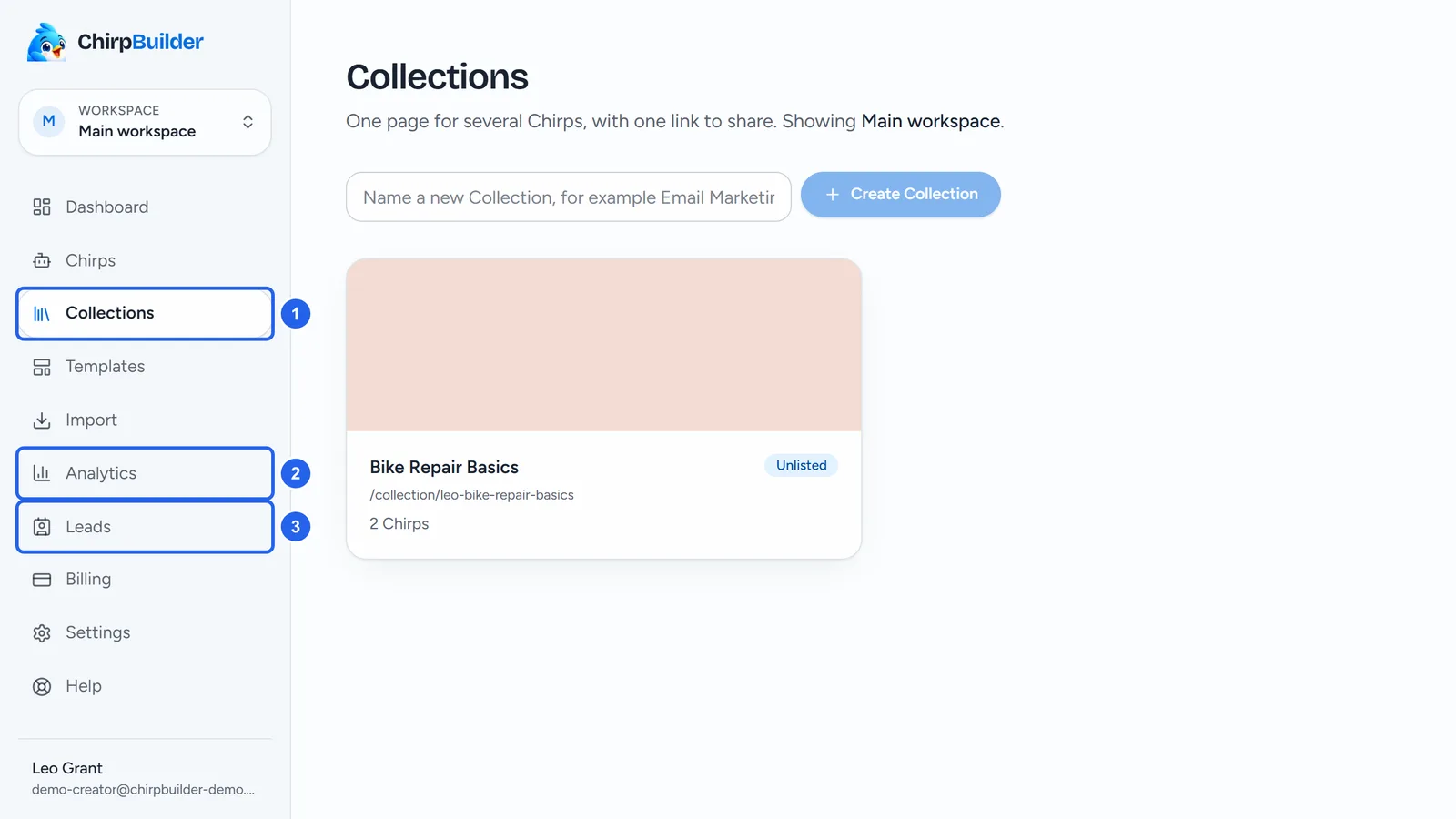 Leo's Collections page, with Collections (1), Analytics (2) and Leads (3) outlined in the menu.