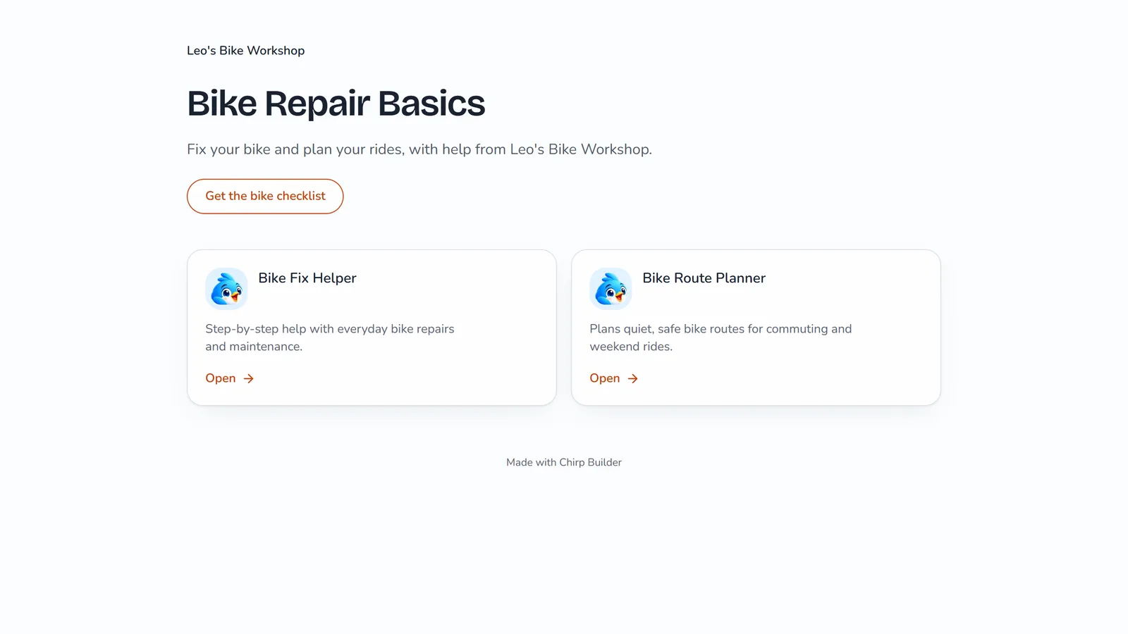 The public page of Bike Repair Basics: Leo's Bike Workshop at the top, the title and description, a Get the bike checklist button, and cards for Bike Fix Helper and Bike Route Planner, each with Open.
