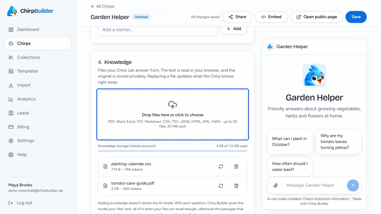 The editor scrolled to section 4, Knowledge, with the drop zone that says Drop files here or click to choose outlined, and the list of files under it.