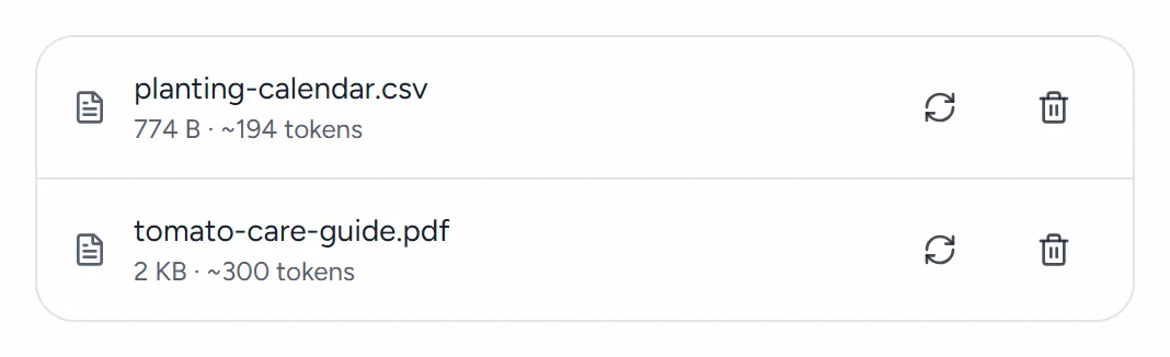 Two knowledge files in a list, each with its size and about how many tokens of text it has, and a replace and a remove button.