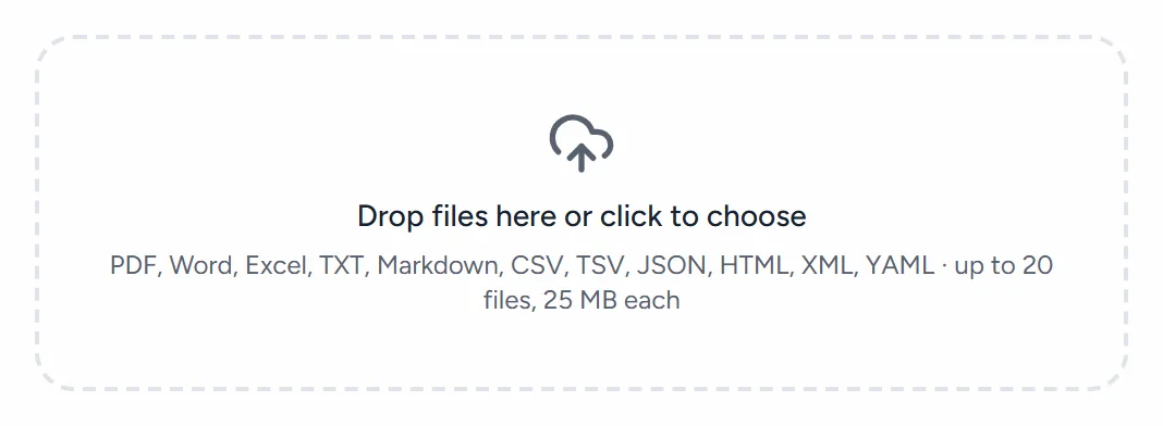 The drop zone, listing the accepted files (PDF, Word, Excel, TXT, Markdown, CSV, TSV, JSON, HTML, XML, YAML), up to 20 files and the largest size each.