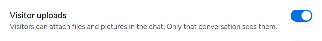 The Visitor uploads switch, turned on, with its note: Visitors can attach files and pictures in the chat. Only that conversation sees them.