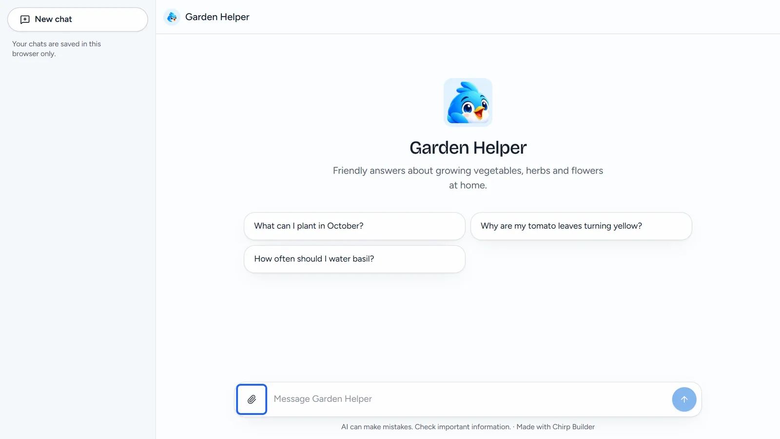Garden Helper's public chat page with the paperclip button beside the message box outlined.
