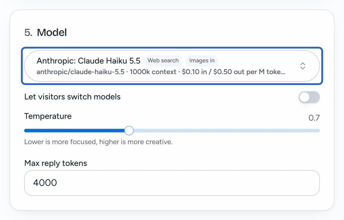 The Model section with Anthropic: Claude Haiku 5.5 chosen, then Let visitors switch models, Temperature 0.7 and Max reply tokens 4000.