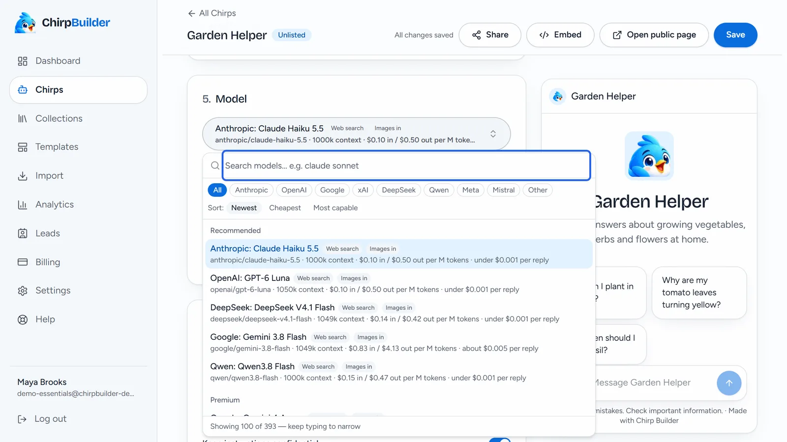 The model list open: a search box, filters by company, sort options, and the Recommended models with their price per reply.