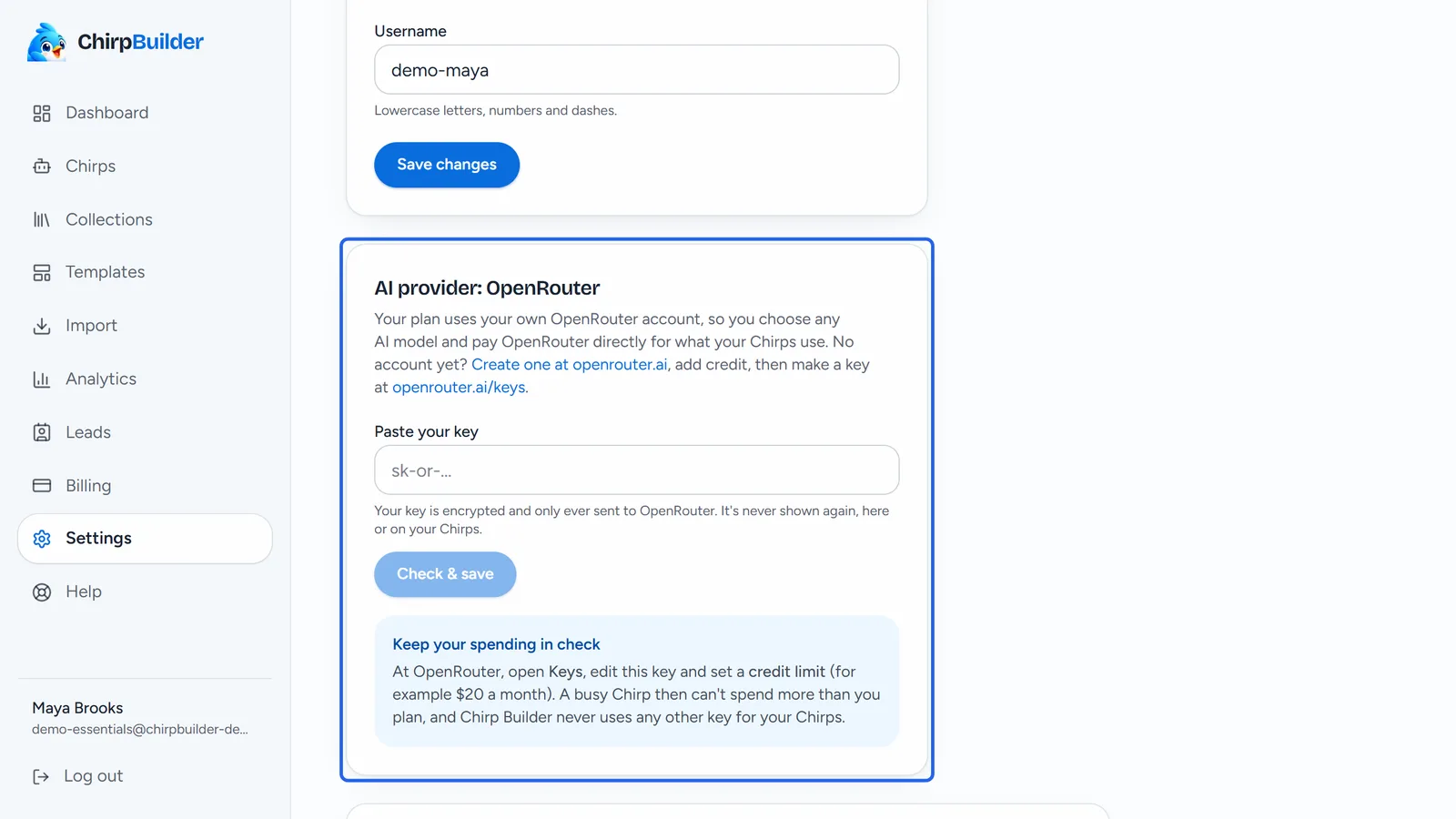The Settings page with the "AI provider: OpenRouter" card and an empty "Paste your key" box.