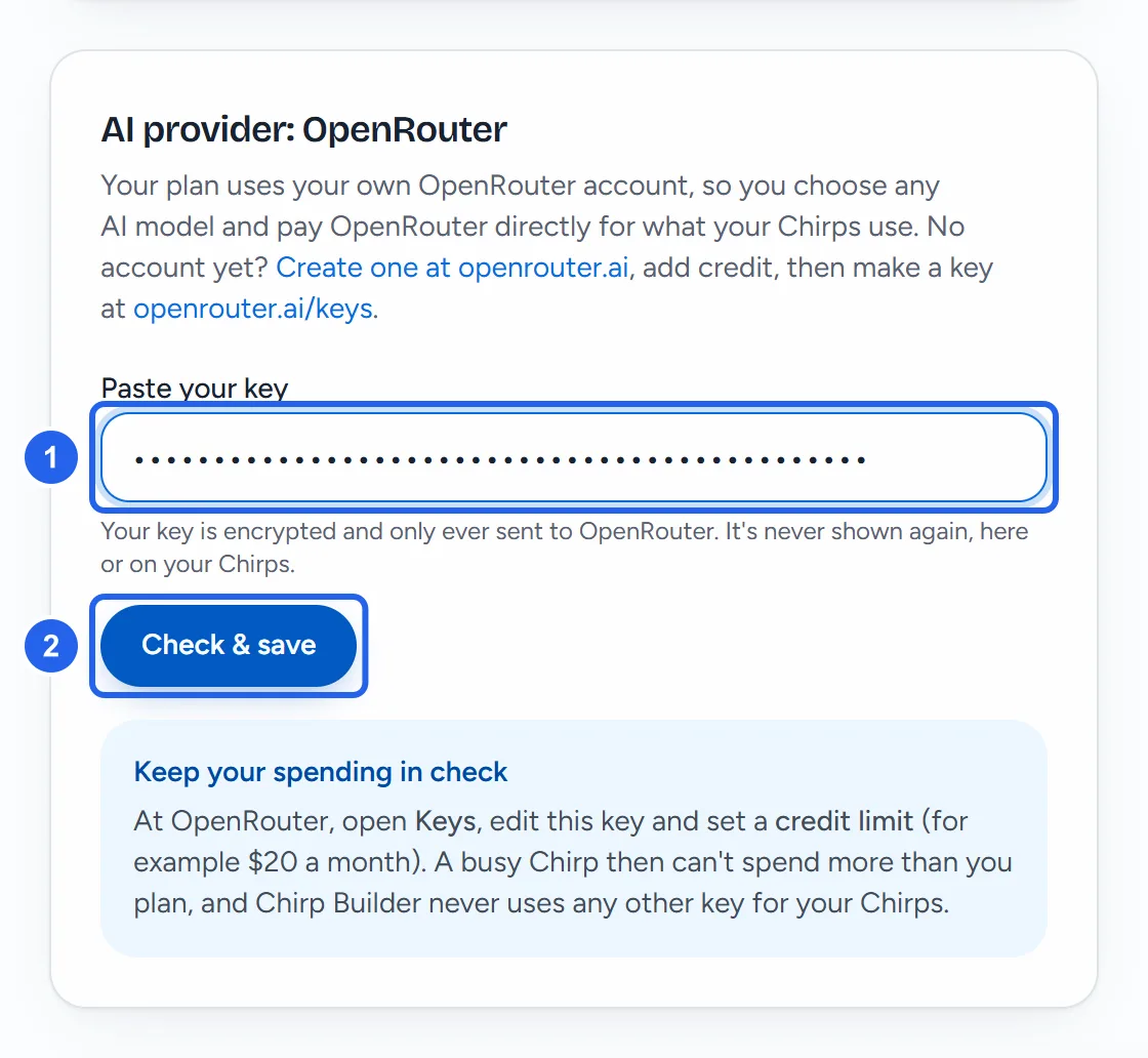 The "Paste your key" box with a hidden key typed in, and the "Check & save" button.