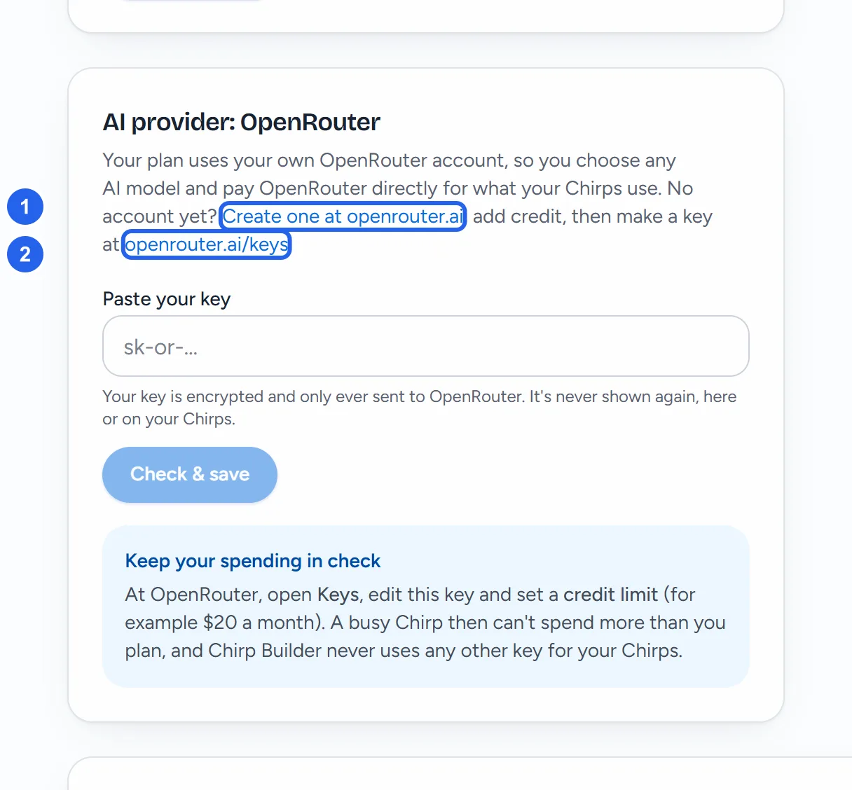 The AI provider: OpenRouter card in Settings with the links Create one at openrouter.ai and openrouter.ai/keys.