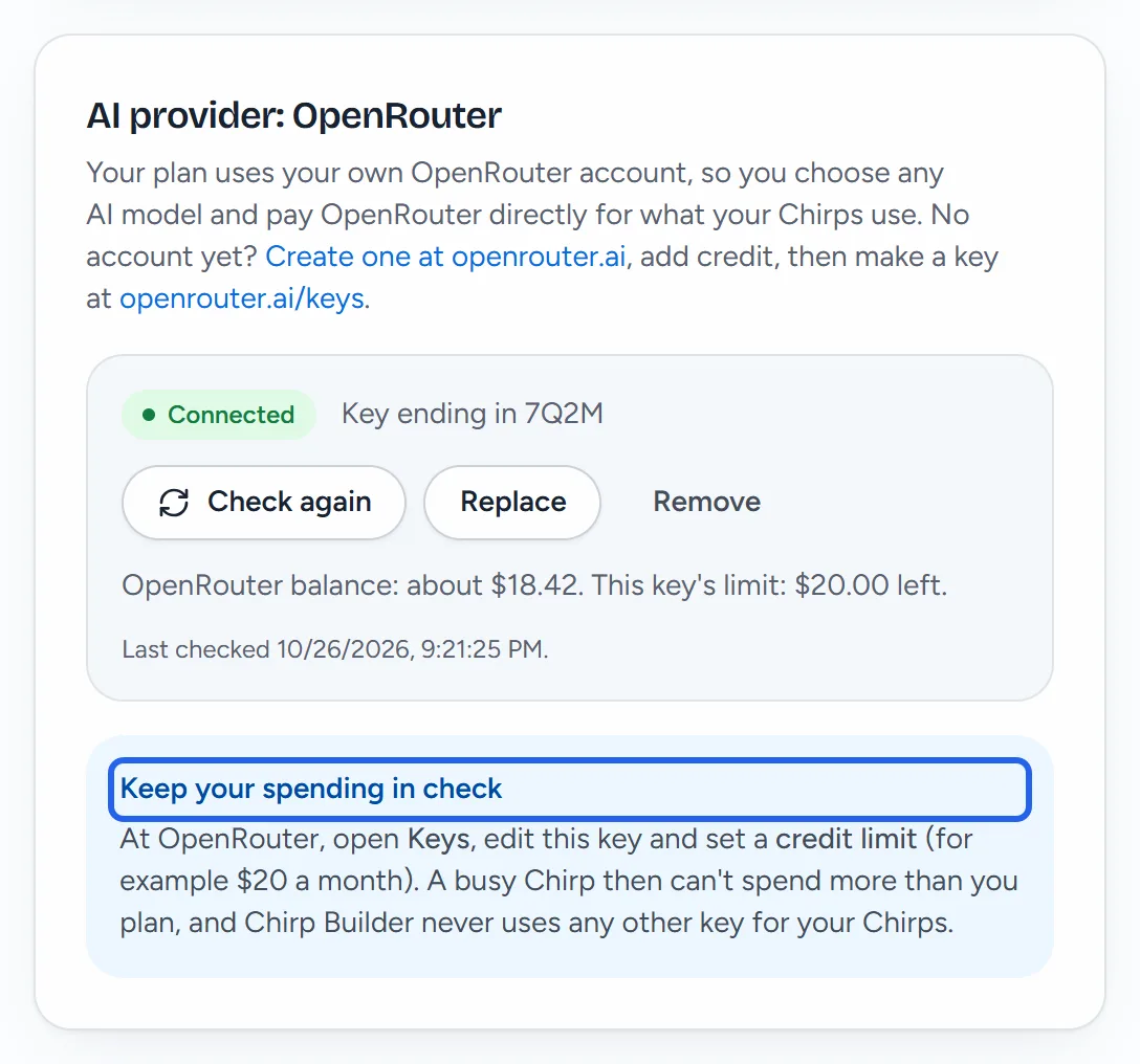 The connected OpenRouter card in Settings with the tip Keep your spending in check.