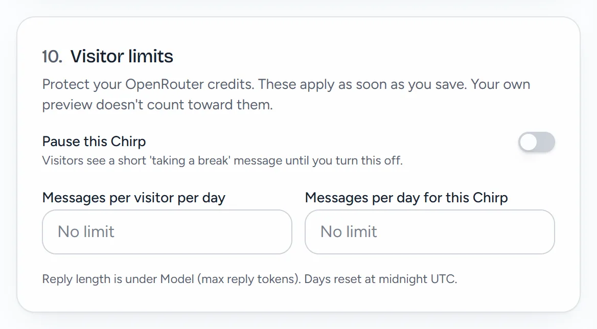 The Visitor limits section: Pause this Chirp, Messages per visitor per day and Messages per day for this Chirp.