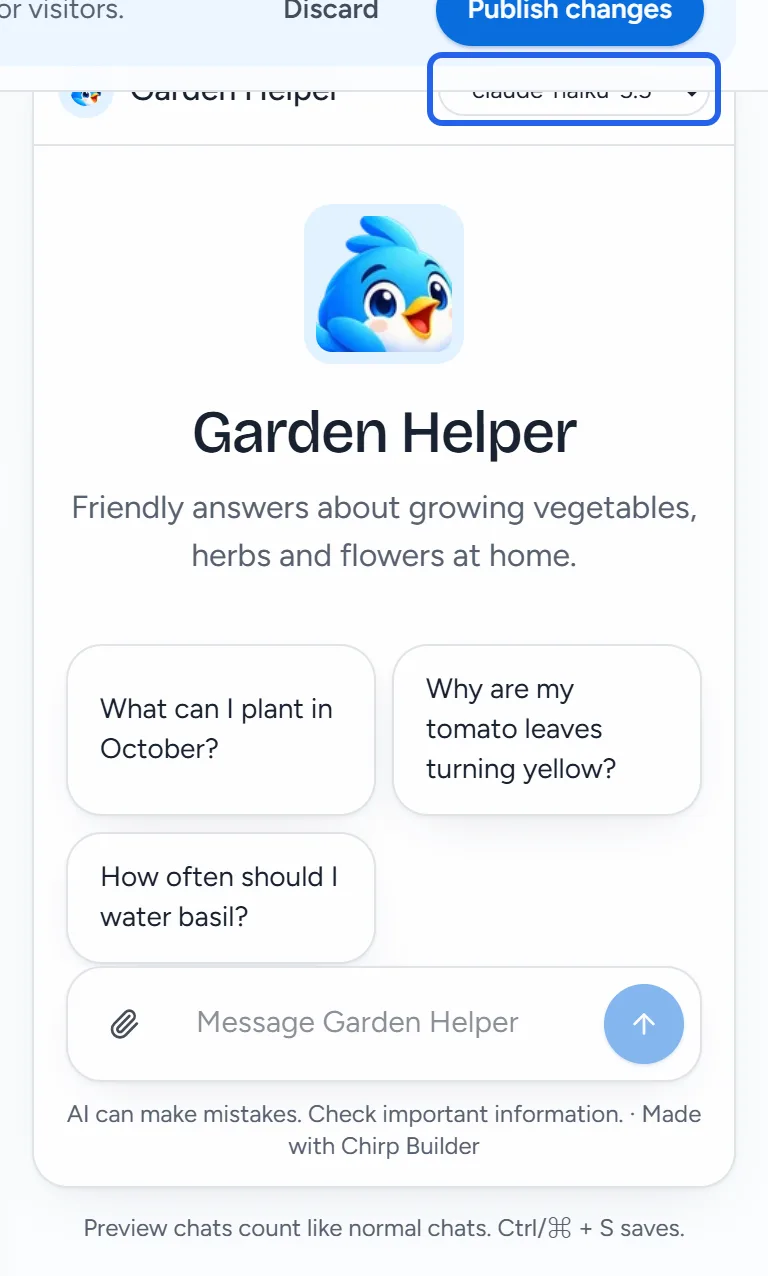 The preview chat with a small model menu at the top, showing claude-haiku-5.5.