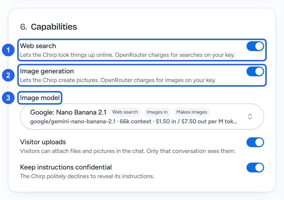 The Capabilities section with Web search and Image generation turned on, and the Image model box below them.