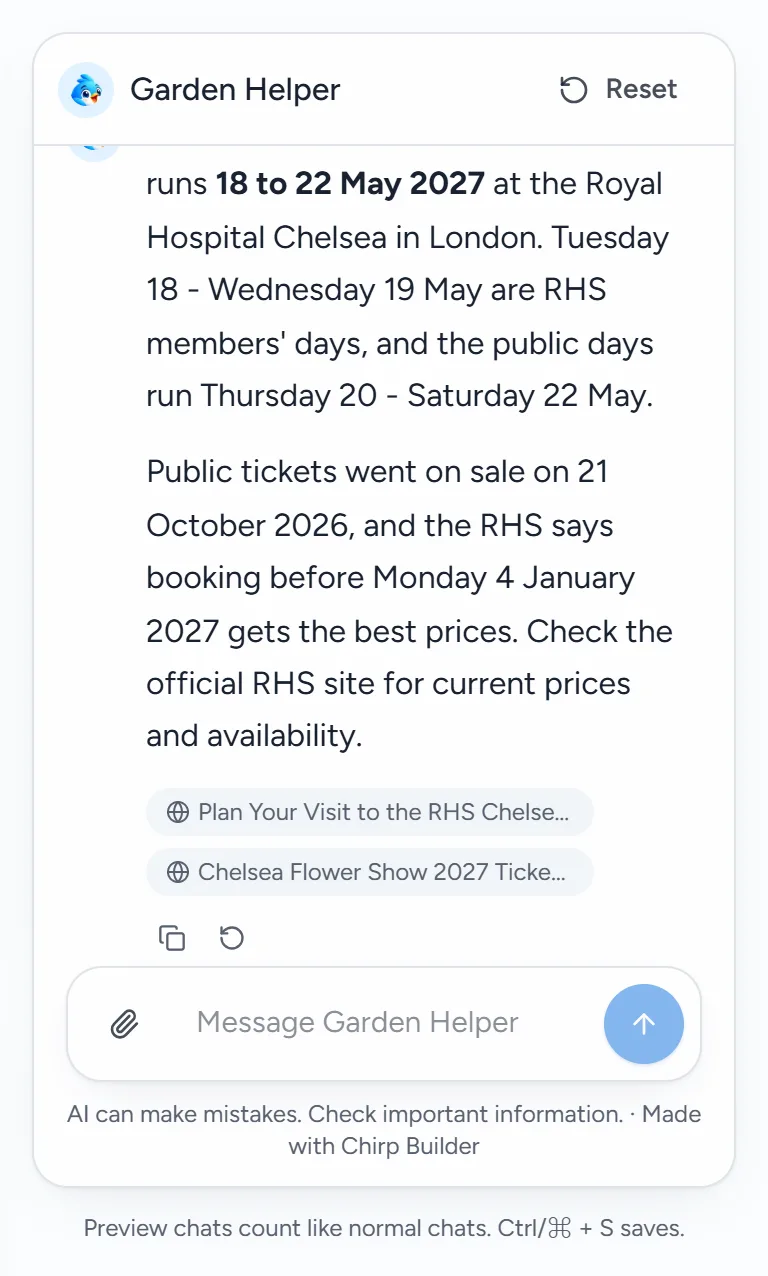 The preview chat: Garden Helper answers when the RHS Chelsea Flower Show is in 2027, with round source links under the answer.