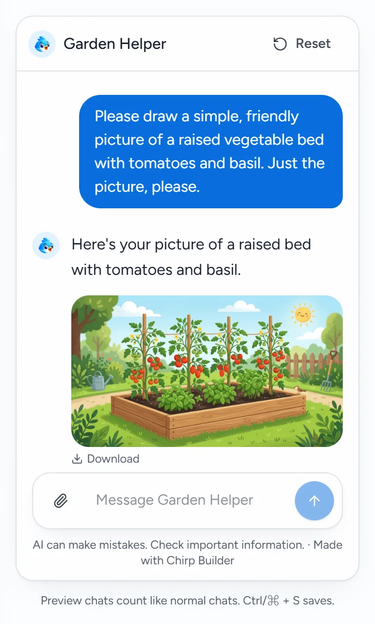 The preview chat: Garden Helper replies with a picture of a raised vegetable bed and a Download link under it.