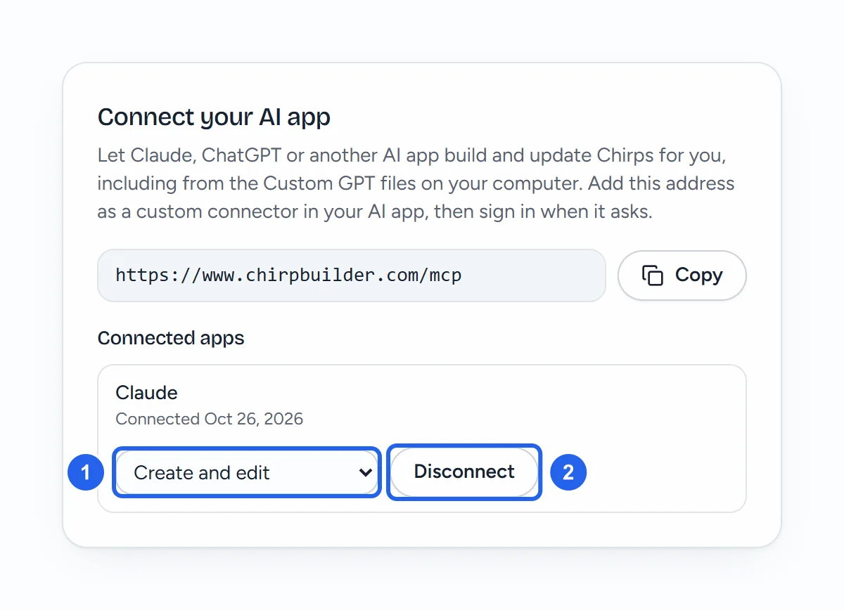 The Connect your AI app card in Maya's Settings: the address with Copy, and under Connected apps, Claude with the date it connected, its access menu set to Create and edit (1), and Disconnect (2).