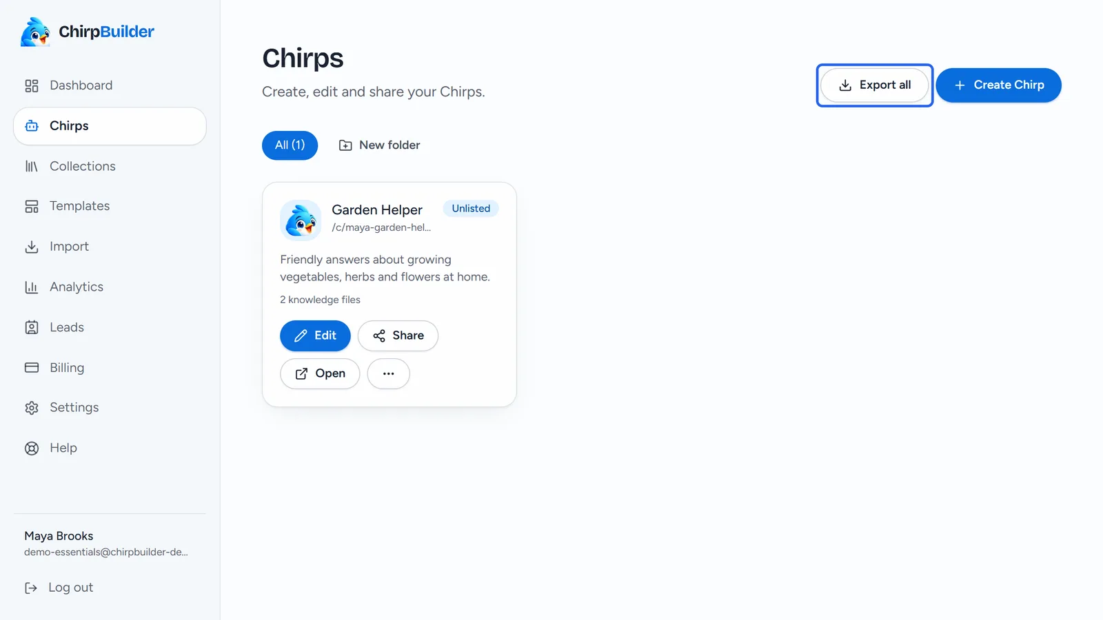 Maya's Chirps page with Garden Helper's card and, outlined at the top right, Export all, next to Create Chirp.