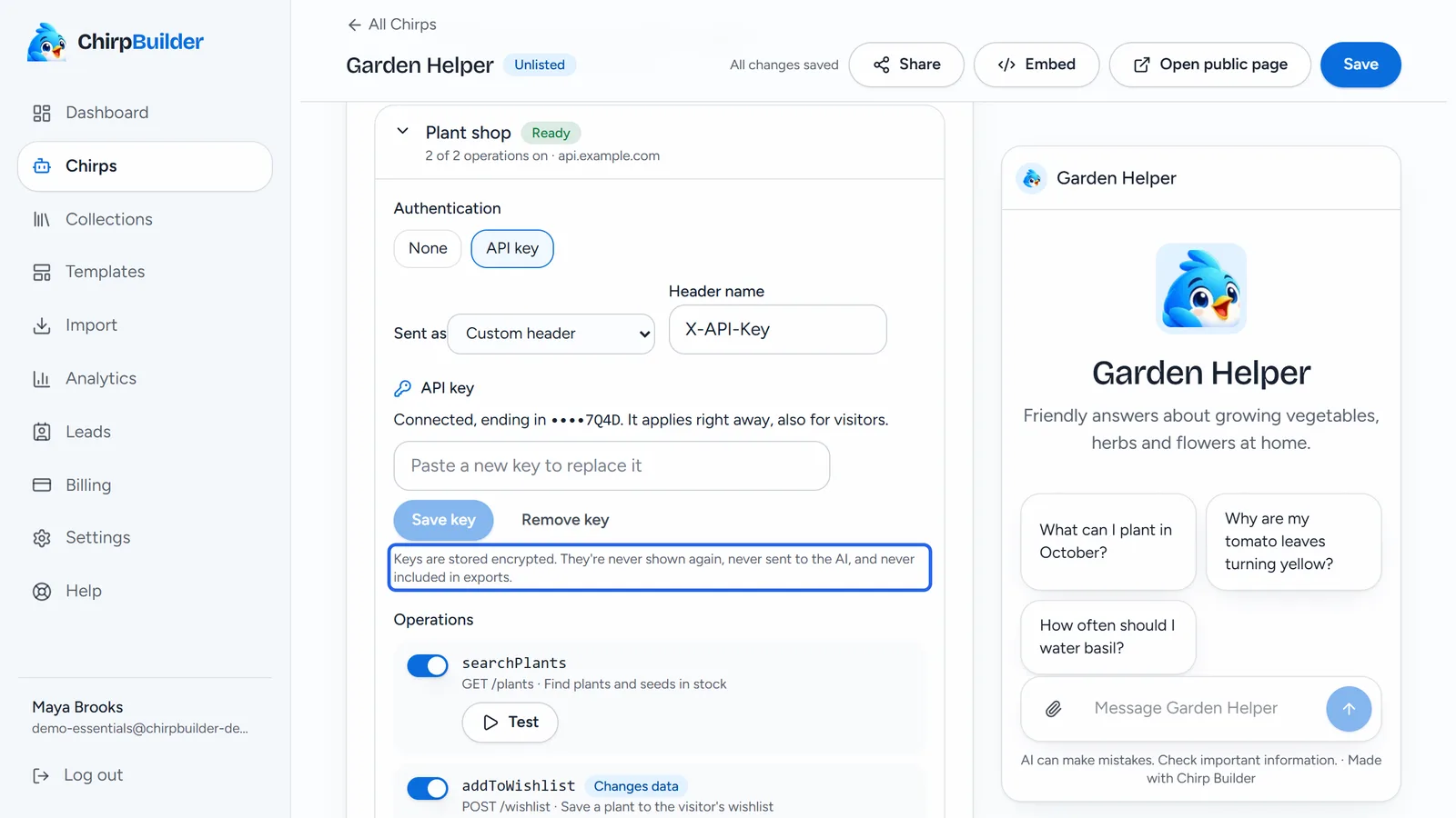 The Plant shop Action opened in Garden Helper's editor: Authentication set to an API key in a custom X-API-Key header, the key box saying Connected, ending in ••••7Q4D, a box to paste a new key, Save key and Remove key, and, outlined, Keys are stored encrypted. They're never shown again, never sent to the AI, and never included in exports.