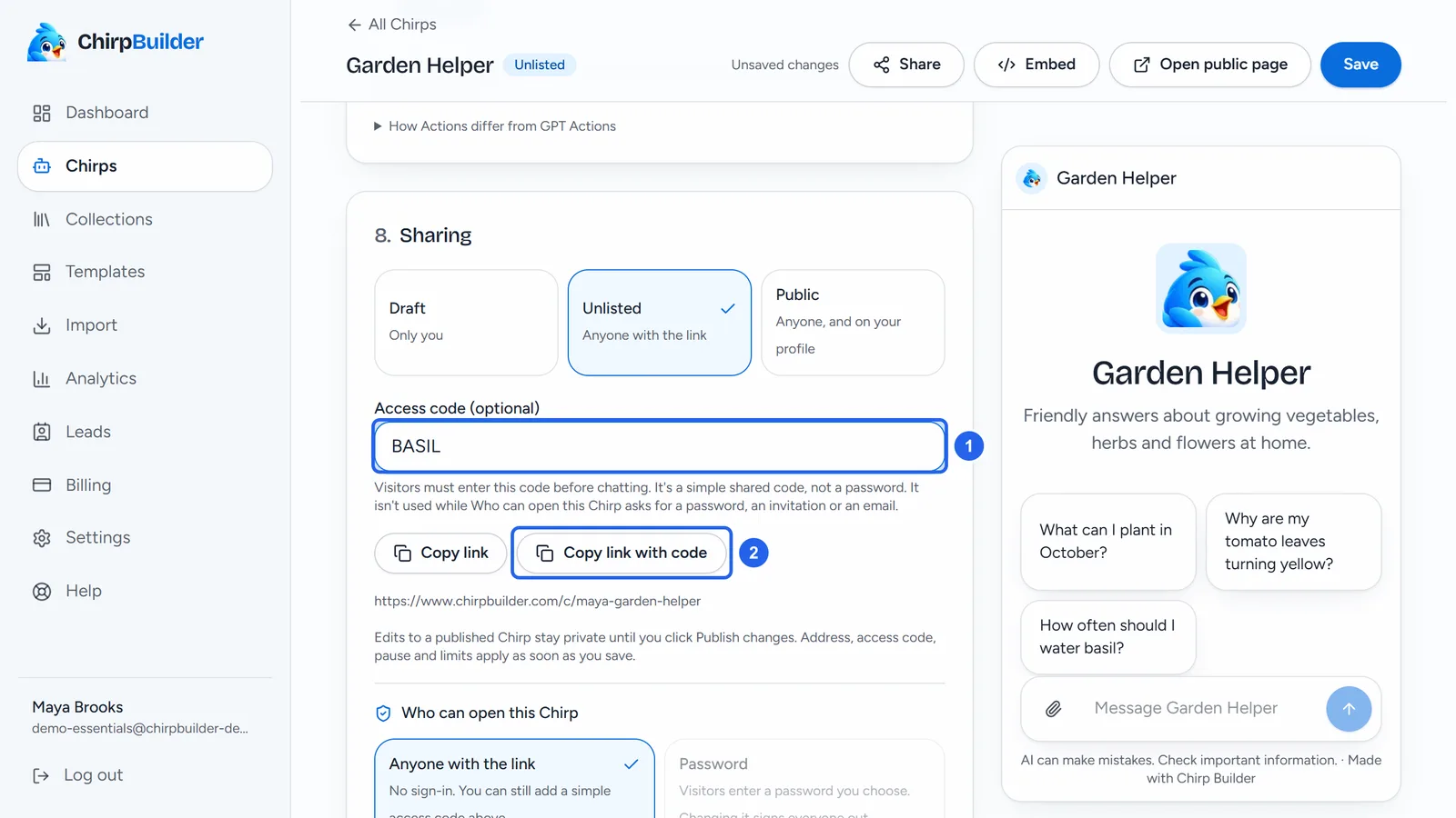 The Sharing section with BASIL typed in the Access code (optional) box (1) and the Copy link with code button (2).