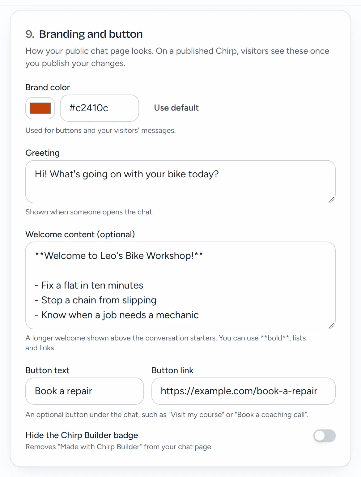 Section 9, Branding and button, of Bike Fix Helper: an orange brand color, the greeting Hi! What's going on with your bike today?, welcome content, the button Book a repair with its link, and Hide the Chirp Builder badge turned off.