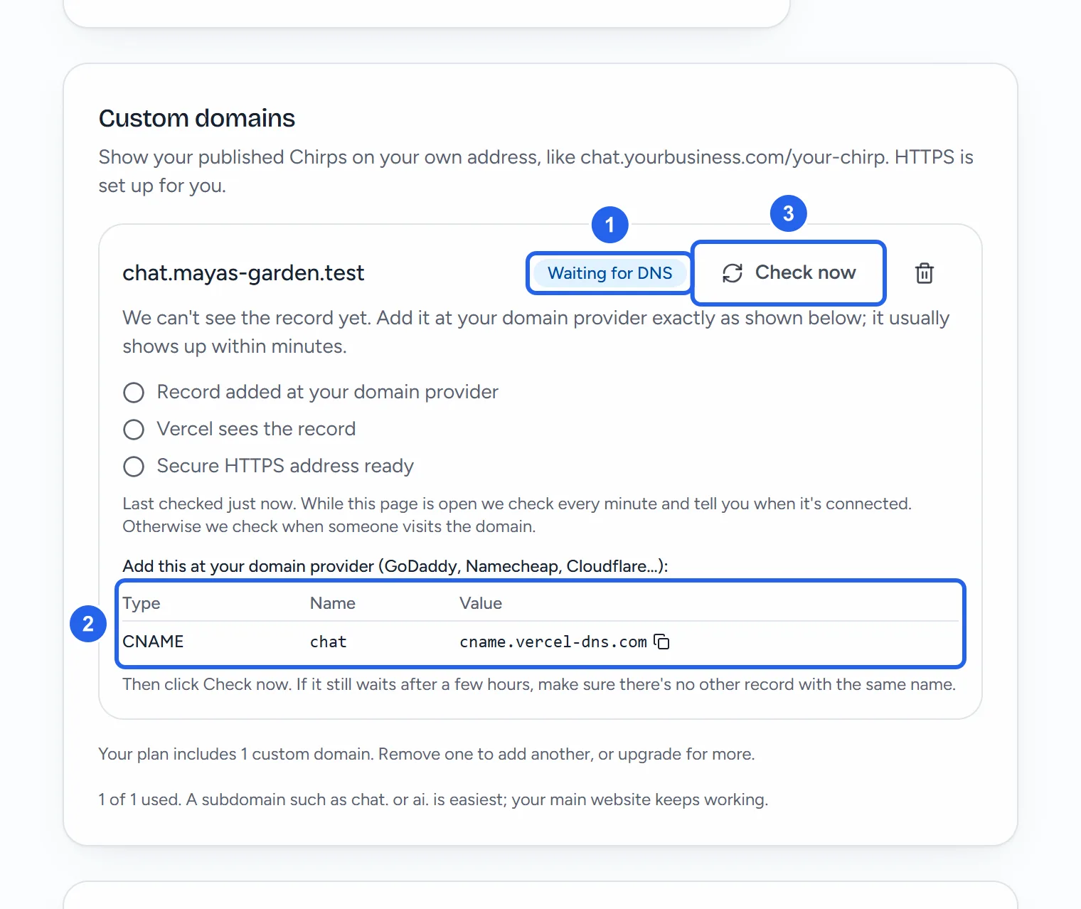 The Custom domains card with chat.mayas-garden.test Waiting for DNS (1), the checklist, the CNAME record to add at the domain provider (2) and Check now (3).
