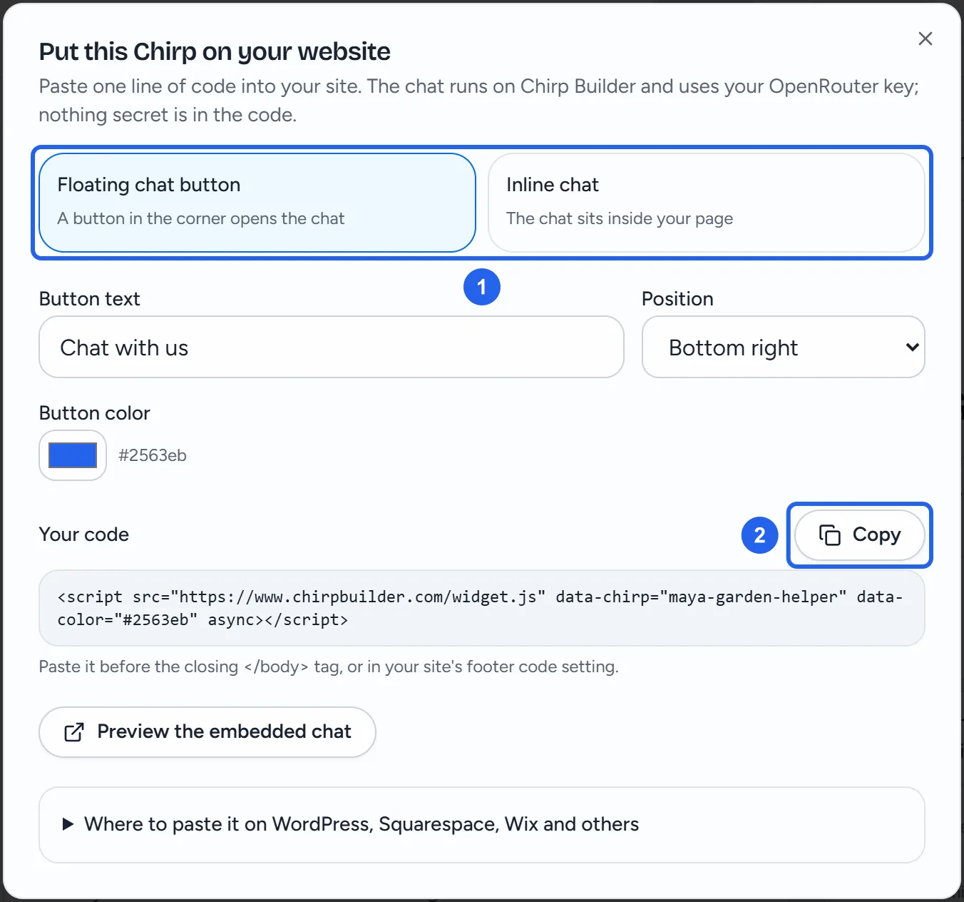 The window Put this Chirp on your website: the Floating chat button and Inline chat choices (1), button text, position and color, and Your code with its Copy button (2).