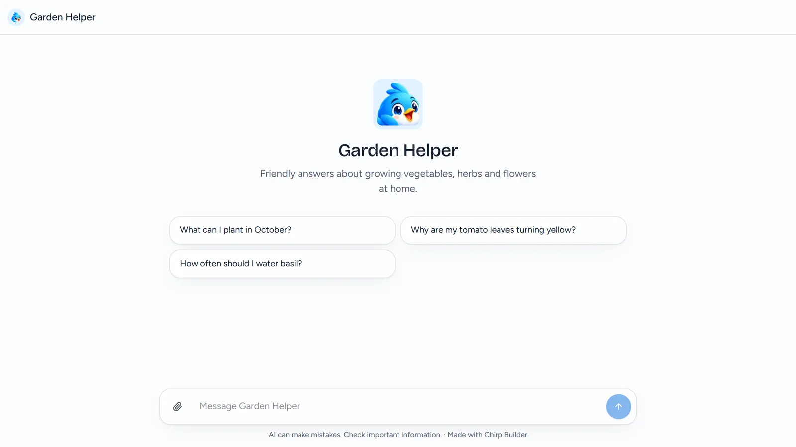 Garden Helper as it appears inside a website: the chat with its picture, description and starters, without the Chirp Builder site around it.