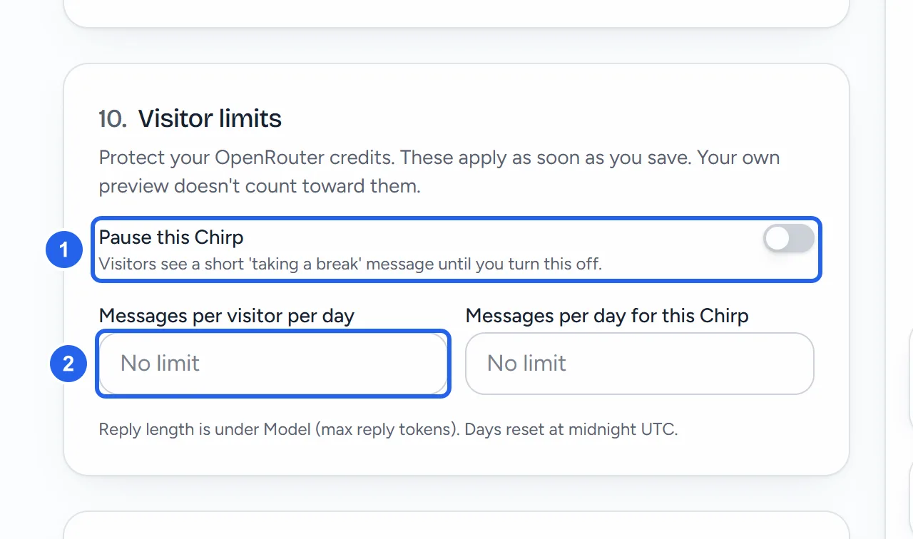 Section 10, Visitor limits: the Pause this Chirp switch (1), and the Messages per visitor per day (2) and Messages per day for this Chirp boxes, both saying No limit.