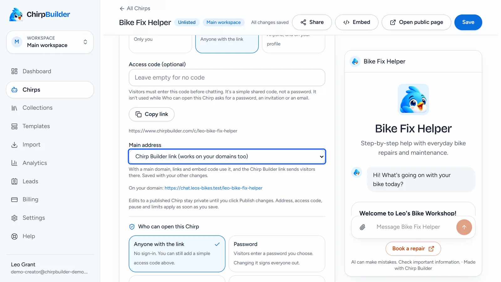 The Sharing section of Bike Fix Helper with the Main address box outlined, set to the Chirp Builder link, and under it the Chirp's address on Leo's connected domain, chat.leos-bikes.test.