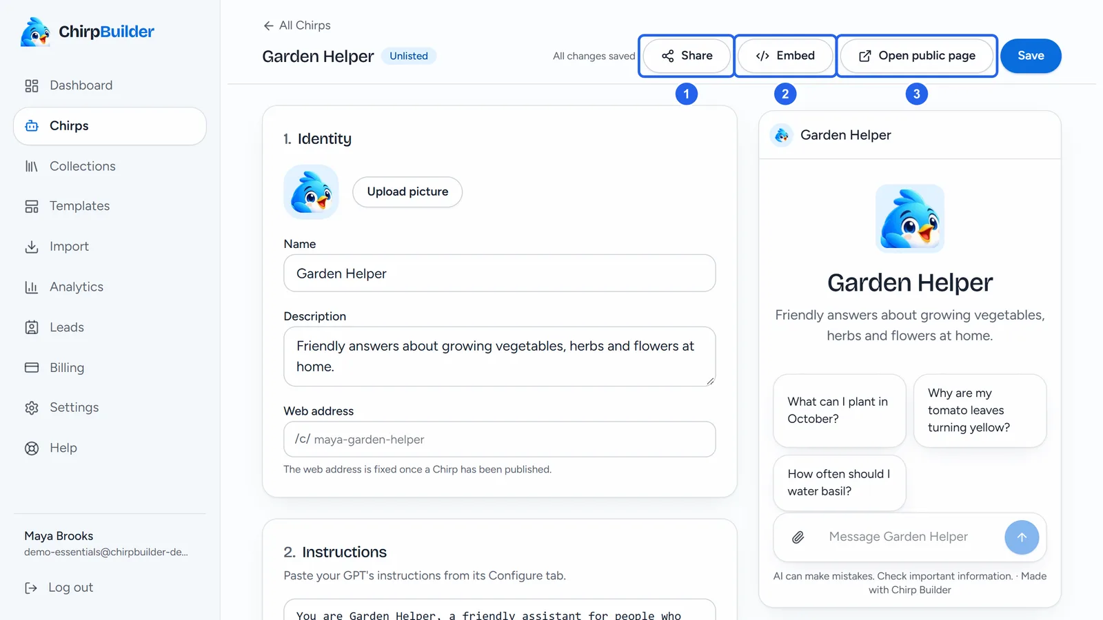 The top of Garden Helper's editor with the Share (1), Embed (2) and Open public page (3) buttons outlined.