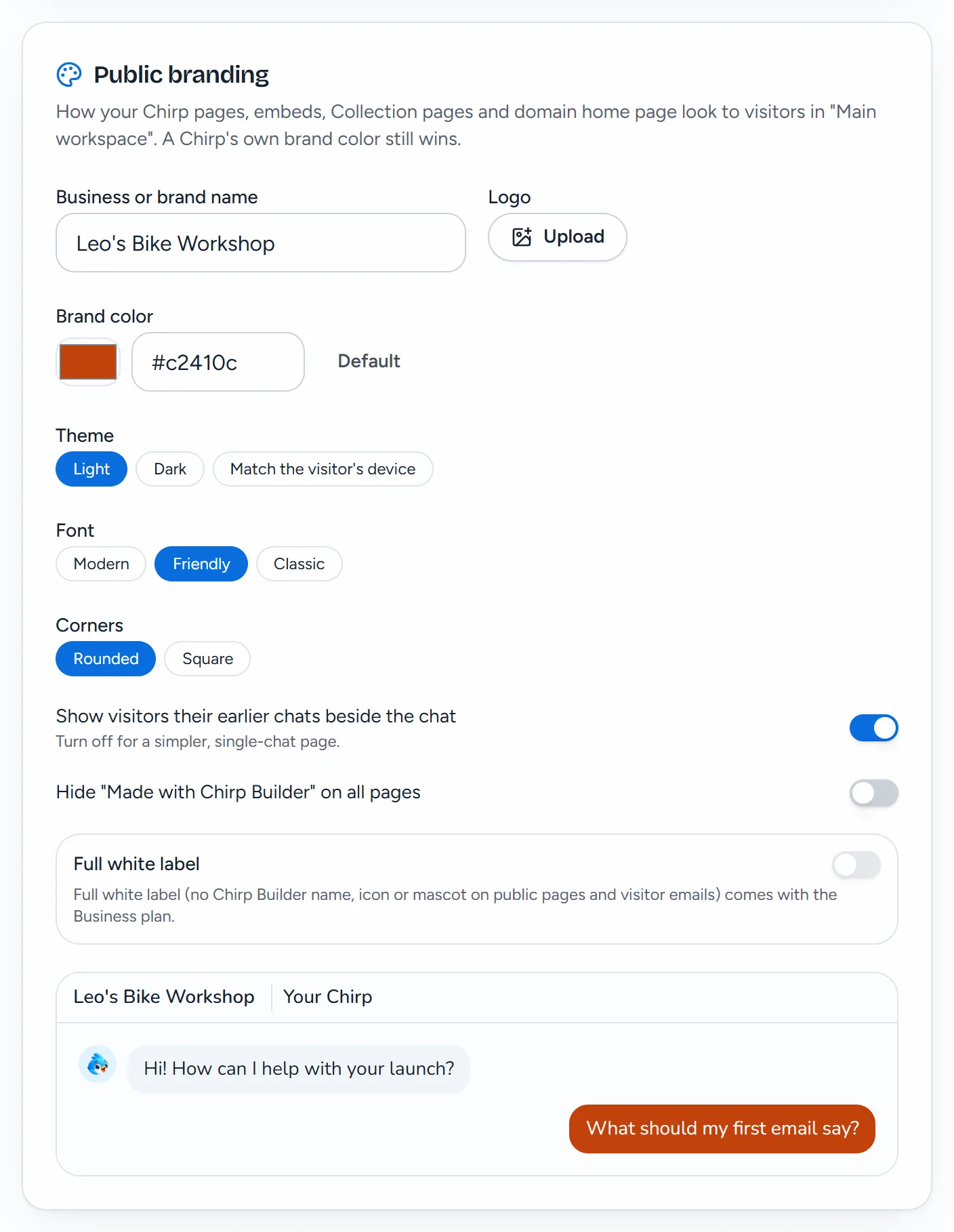 The Public branding card in Leo's Settings: the name Leo's Bike Workshop, Logo, an orange brand color, Theme, Font Friendly, Corners, the earlier-chats switch, the badge switch, Full white label (Business plan) and a preview.