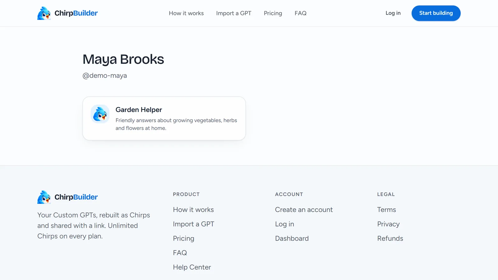 Maya Brooks's public profile page at /u/demo-maya, listing her public Chirp Garden Helper with its picture and description.