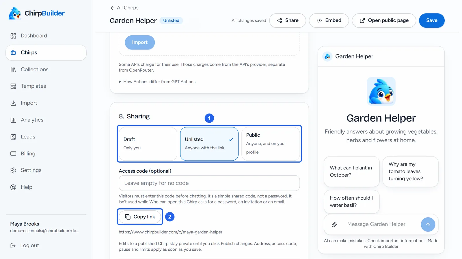 Section 8, Sharing: Draft, Unlisted (chosen) and Public (1), the access code box, and the Copy link button (2) with the Chirp's link under it.